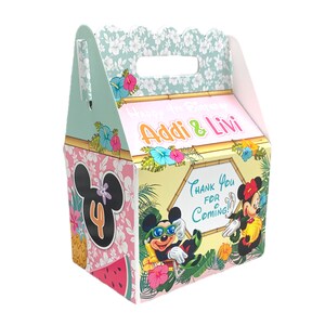 May include: A pink and green favor box with a Mickey Mouse and Minnie Mouse theme. The box has a handle and says "Happy 4th Birthday Addi & Livi" and "Thank You for Coming!"