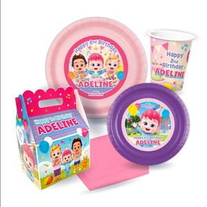 May include: A party supplies set featuring a pink plate, purple plate, cup, napkin, and a gable box. The items are decorated with cartoon characters and the text "Happy 2nd Birthday ADELINE" and "Happy 1st Birthday ADELINE".
