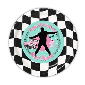 50's Vintage Diner Rock'n'Roll Greaser Party Personalized Meal Plates, pack of 12