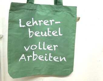 Lehrer-Beutel, voller Arbeiten – Sage-green / Salbeigrün, 100% Biobaumwolle, Fairtrade, totebag, vegan