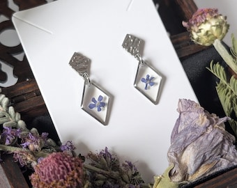 Sylva - Stainless steel double pendant earrings with resin and different natural elements - handmade botanical resin jewelry, unique pieces