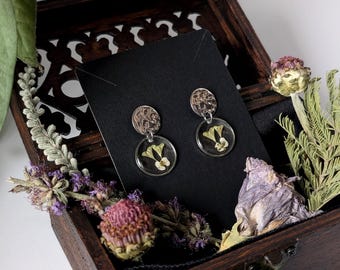 Nymph - Stainless steel round double pendant earrings with resin and different natural elements - handmade botanical jewelry, unique pieces