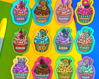 May include: Twelve colorful cupcake stickers featuring the astrological signs. Each cupcake has a different design and color scheme, representing the zodiac signs: Aries, Taurus, Gemini, Cancer, Leo, Virgo, Libra, Scorpio, Sagittarius, Capricorn, Aquarius, and Pisces.