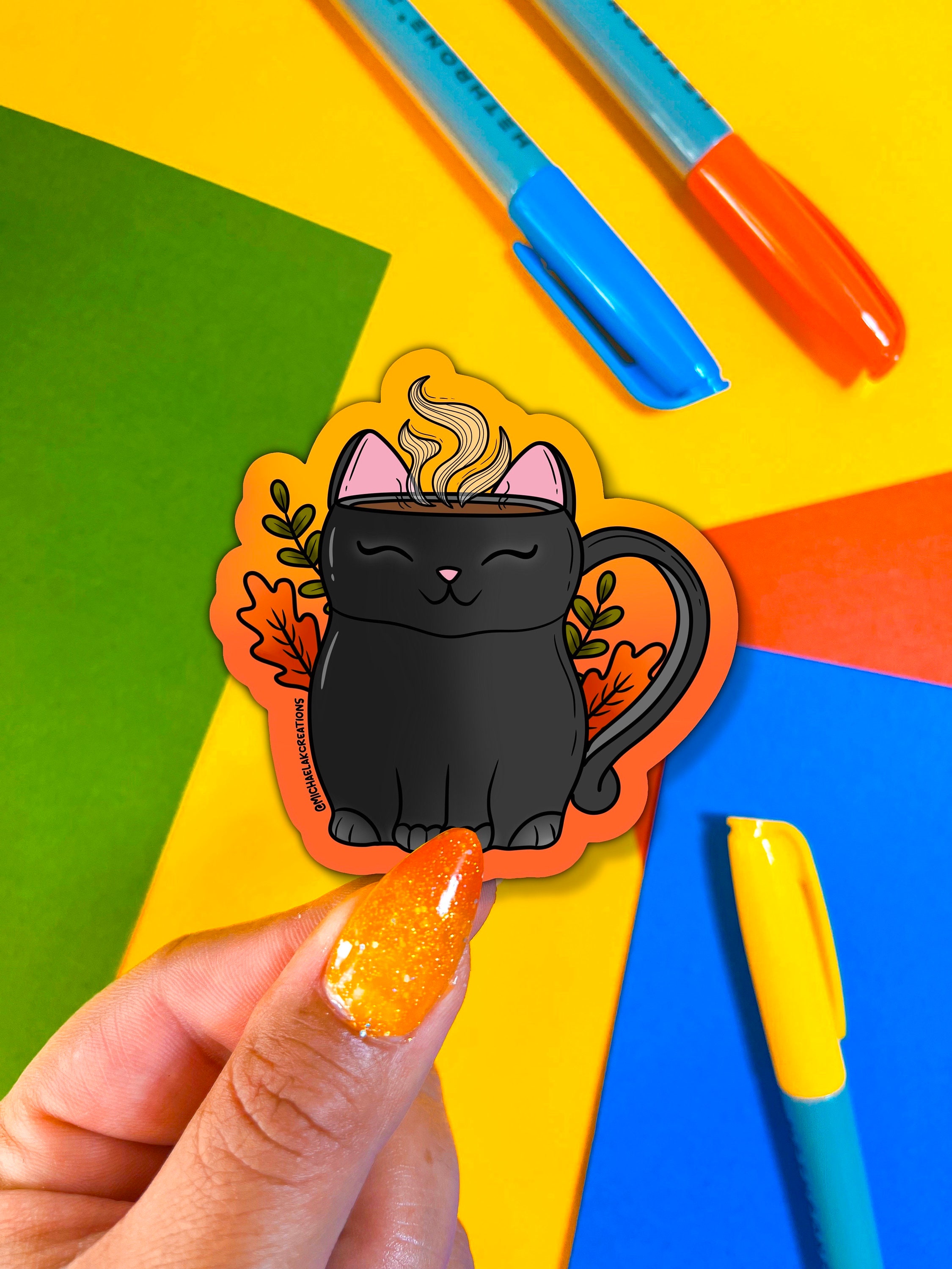 Black Cat Mug Sticker | Stickers for Hydroflask | Laptop Stickers | Cat ...