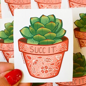 May include: A sticker featuring a succulent plant in a pink pot with white floral designs. The pot has the text "SUCC IT" written on it.