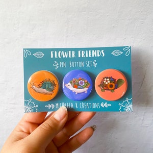 Animal Button Set | Cute buttons | Hedgehog Pin | button pins | pin badge | turtle pin badge | Floral button | 1.5” buttons