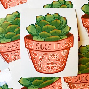 May include: A pink and white patterned terracotta pot with a green succulent plant inside. The pot has the text "SUCC IT." written on it.