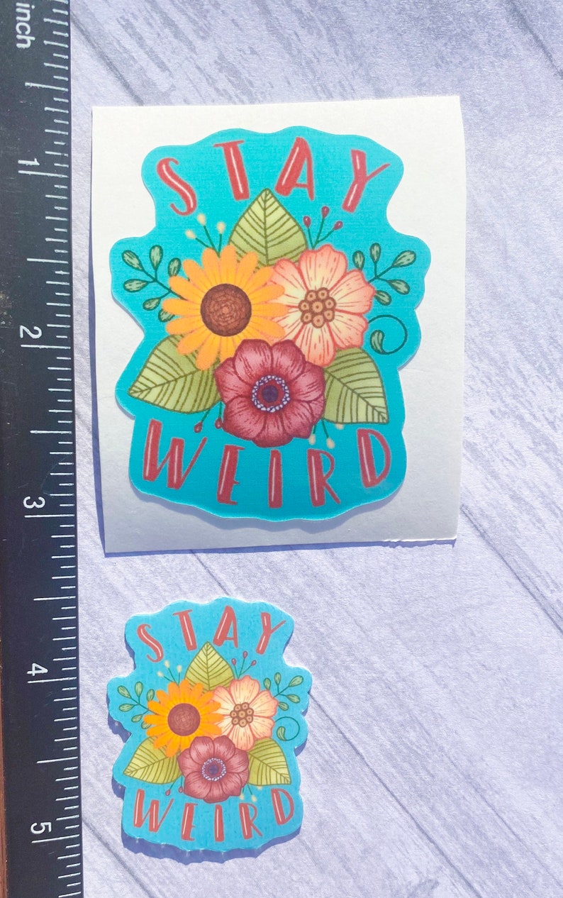 Pu&ograve; includere: Due adesivi con un design floreale e il testo "Stay Weird" in lettere rosse su uno sfondo turchese.