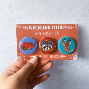 Woodland Animal Button Set | Cute buttons | Raccoon Pin | button pins | pin badge | fox pin badge | Floral button | 1.5” buttons