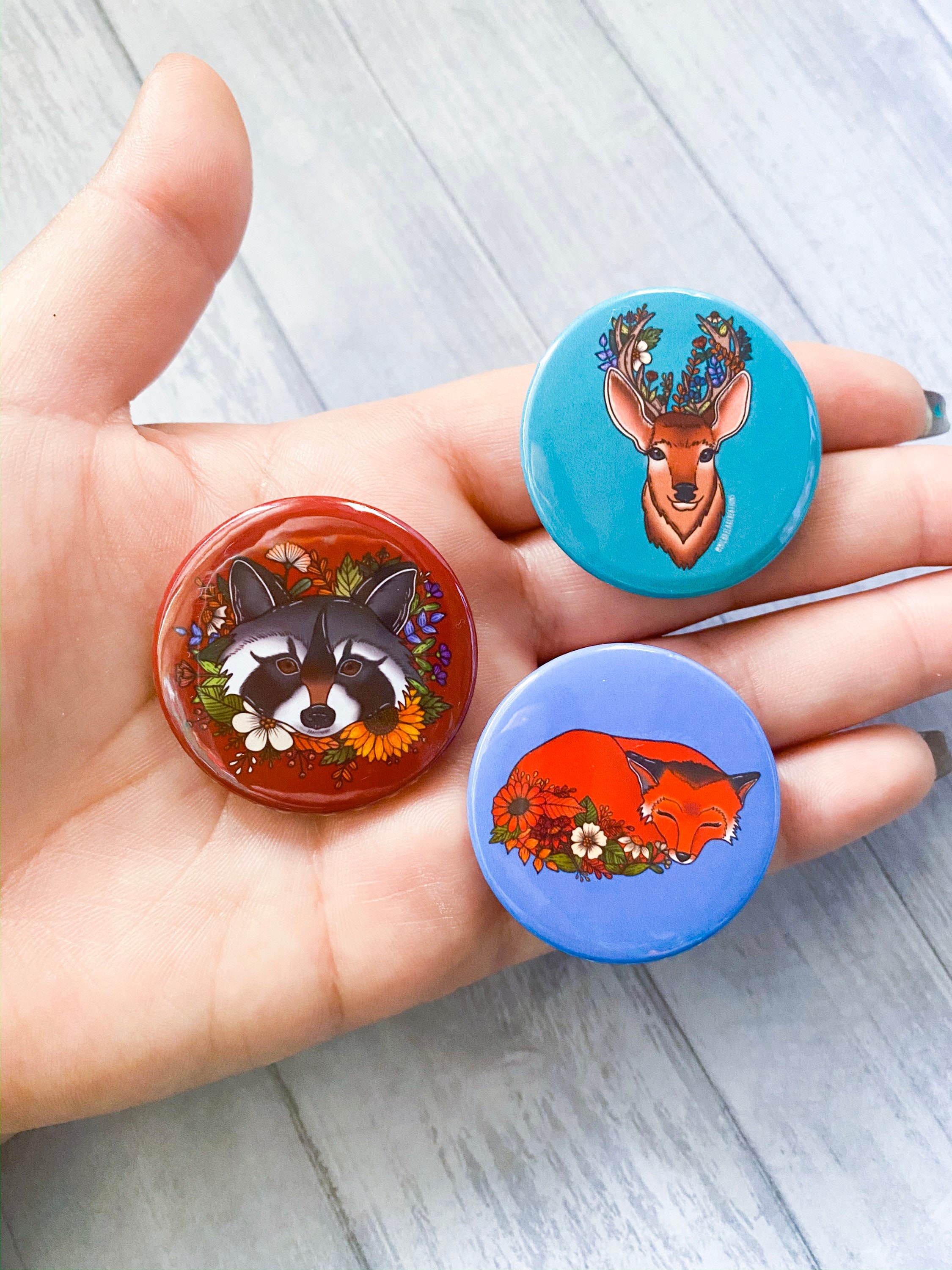 Woodland Animal Button Set Cute Buttons Raccoon Pin Etsy