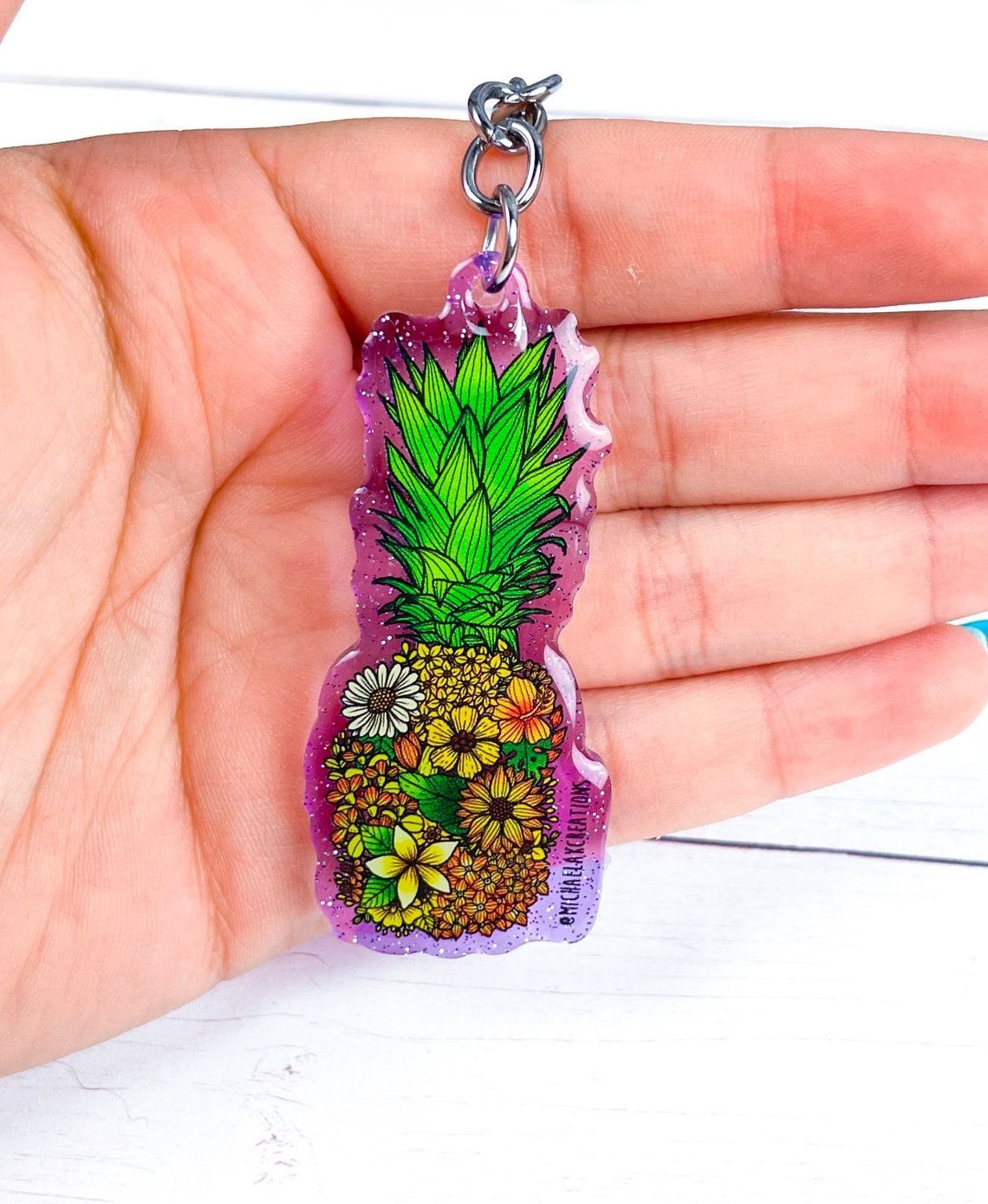 Pineapple Keychain Acrylic Keychain Floral Keychain Etsy