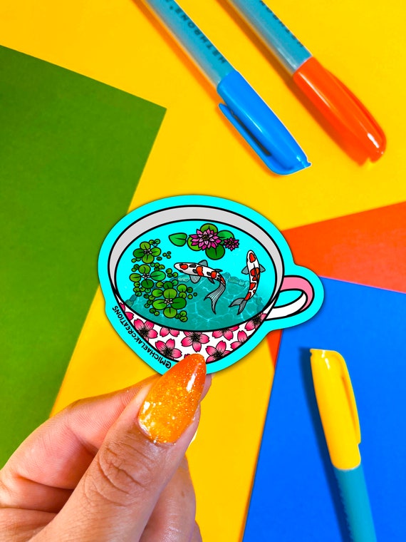 Koi Tea Cup Sticker |Stickers for Hydroflask|stickers|laptop stickers|Water bottle Sticker|Flower Stickers|Waterproof stickers| koi stickers