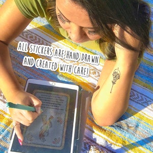 May include: A person using a stylus on a tablet to draw a hand-drawn illustration of two hands holding a flower. The text on the screen reads "All stickers are hand drawn and created with care!"