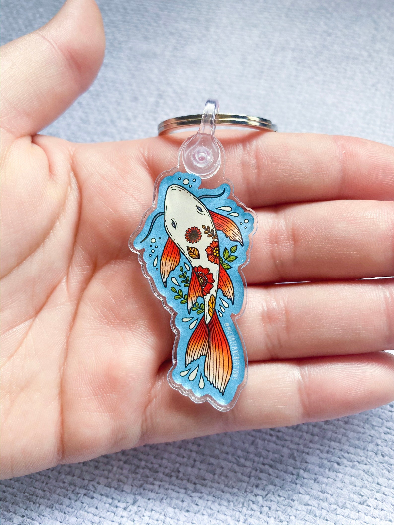 Koi Fish Keychain Koi Fish Gift Acrylic Keychain Floral Etsy
