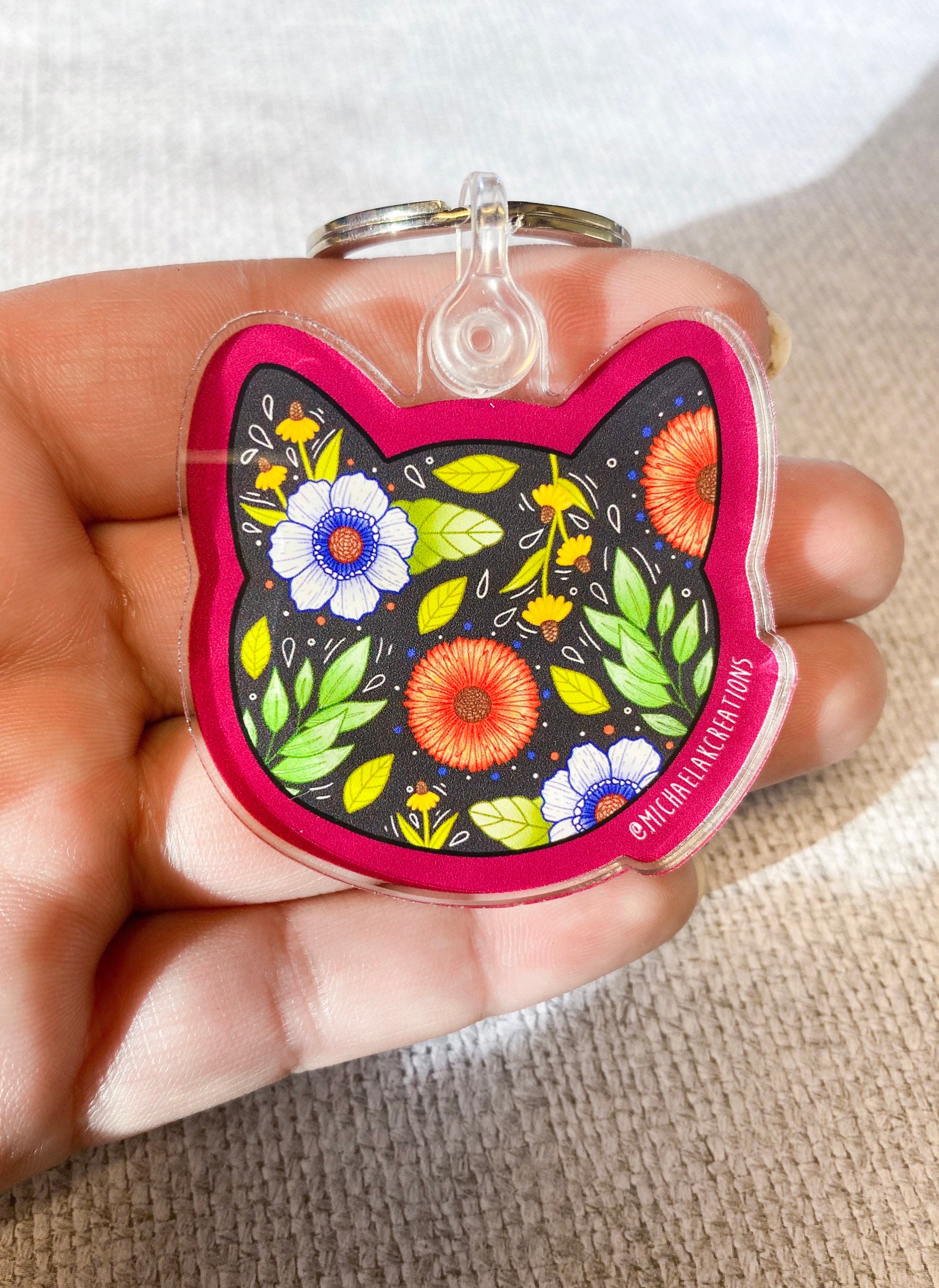 Cat Keychain Cat Gift cat Mom Acrylic Keychain Floral Etsy