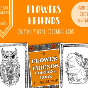 Flower Friends coloring book | floral coloring book | flower coloring book | adult coloring book | digital coloring pages