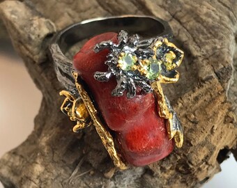 Red Coral with Peridot Tarantula in Rhodium Plated Sterling Silver Size 7.5