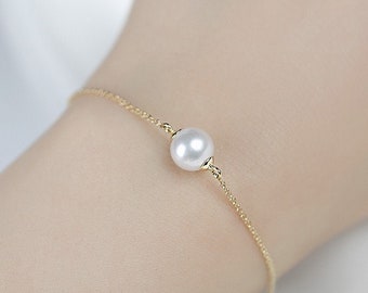 Rose Gold Round Akoya Pearl Bracelet, Dainty Gold Bracelet, 14k 18k Bracelet, Wedding Gift, Personalized Custom Gift Purplemay B009