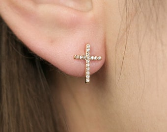 Handmade jewelry, 14K 18K Solid Gold Cross Diamond Stud Earring, Cross Earrings, Gold Earring, Push Back Earring, Purplemay E031