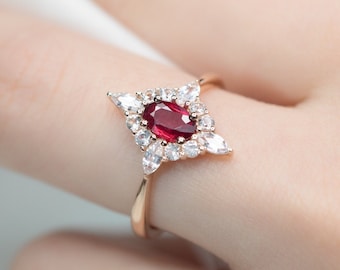 Handmade jewelry, 18K 14K Solid Gold White Sapphire Cluster Engagement Ring, Natural Ruby Birthstone Ring, Purplemay-R106-1