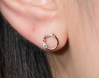14k 18k Rose Gold Leaves Diamond Stud Earrings, Dainty Diamond Earrings, Minimal Fine Studs Earring, Custom Gift Purplemay E007