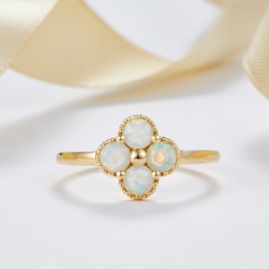 Handmade jewelry, 14k 18k Solid Rose Gold Australia Clover Opal Ring, White Opal engagement ring, Purplemay-R115 image 1