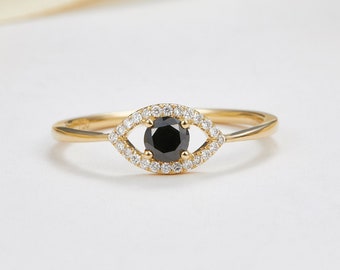 Handmade jewelry, 14k 18k Solid Gold Evil Eye Black Diamond Ring, Stacking Ring, Minimalist Diamond Ring, Purplemay-R104