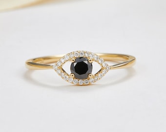 Handmade jewelry, 14k 18k Solid Gold Evil Eye Black Diamond Ring, Stacking Ring, Minimalist Diamond Ring, Purplemay-R104