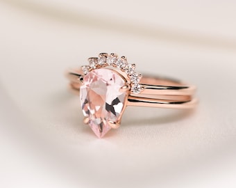 14k 18k Rose Gold Morganite Ring Set/ Engagement Ring/Wedding band Custom Ring/Anniversary gift/ Promise Wedding Ring/Rings for women,R074AB