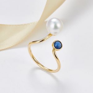 Handmade jewelry, Pearl and Blue Sapphire Open Ring, 18K 14K Solid Gold Ring, Purplemay-R072