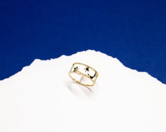 Anel de lua e estrela - Anel de ouro maciço 14k 18k, anel de empilhamento delicado, anel celestial, joias de ouro personalizadas, anel para o dia a dia, anel de ouro minimalista