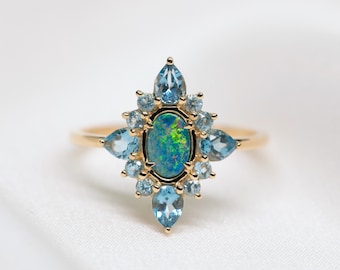 14k 18k Gold Australian Opal Engagement Ring, Blue Topaz Cluster Ring, Opal Vintage Ring Antique Rings, Wedding Ring Promise Ring R051