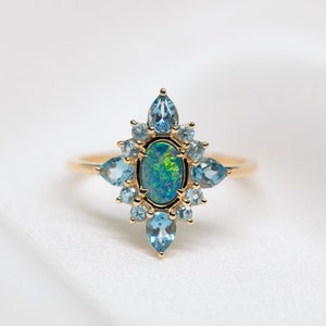 Australian Opal Engagement Ring, Blue Topaz Cluster Ring, Platinum Ring, Gold Ring, Opal Vintage Ring, Wedding Ring, Engagement Ring R051