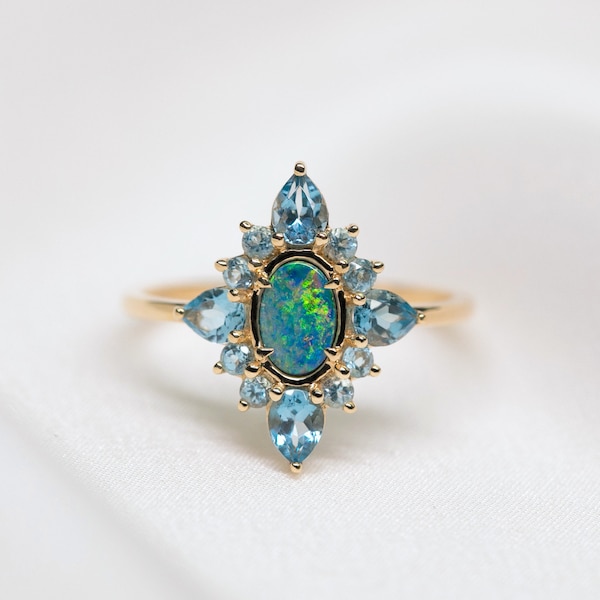Australian Opal Engagement Ring, Blue Topaz Cluster Ring, Platinum Ring, Gold Ring, Opal Vintage Ring, Wedding Ring, Engagement Ring R051