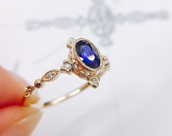 Handmade jewelry, 14k 18k Solid Gold Blue Sapphire Diamond Ring, Antique Rings,Wedding Ring,Engagement Ring,Promise Ring,Purplemay-R057