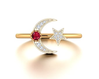 Anillo de oro macizo de 18 quilates y 14 quilates con rubí natural, luna creciente y estrella, anillo de regalo, anillo de aniversario, anillo con piedra de nacimiento, Purplemay R034-1