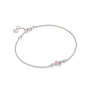 May include: A delicate silver chain bracelet with a pink and white gemstone cluster. The bracelet features a heart-shaped clasp.