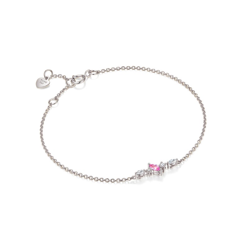 May include: A delicate silver chain bracelet with a pink and white gemstone cluster. The bracelet features a heart-shaped clasp.