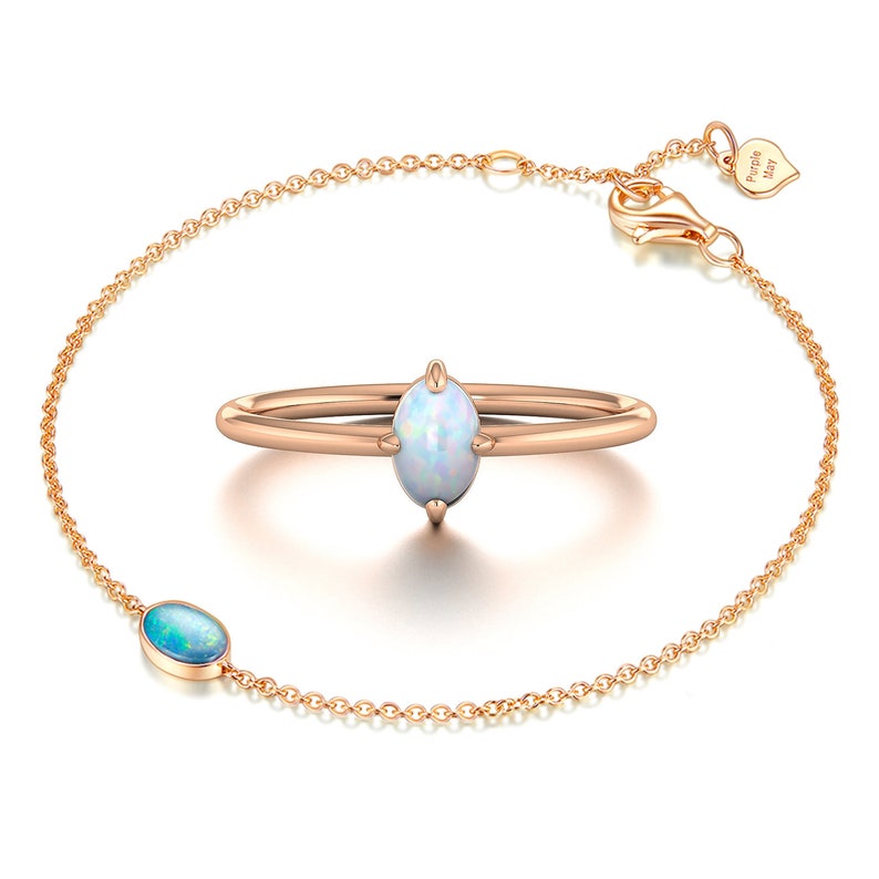 14K 18K Solid Gold Australian Opal Ring and bracelet, Opal engagement ring Stacking Wedding Ring, gift set Purplemay-R025 B010 image 3