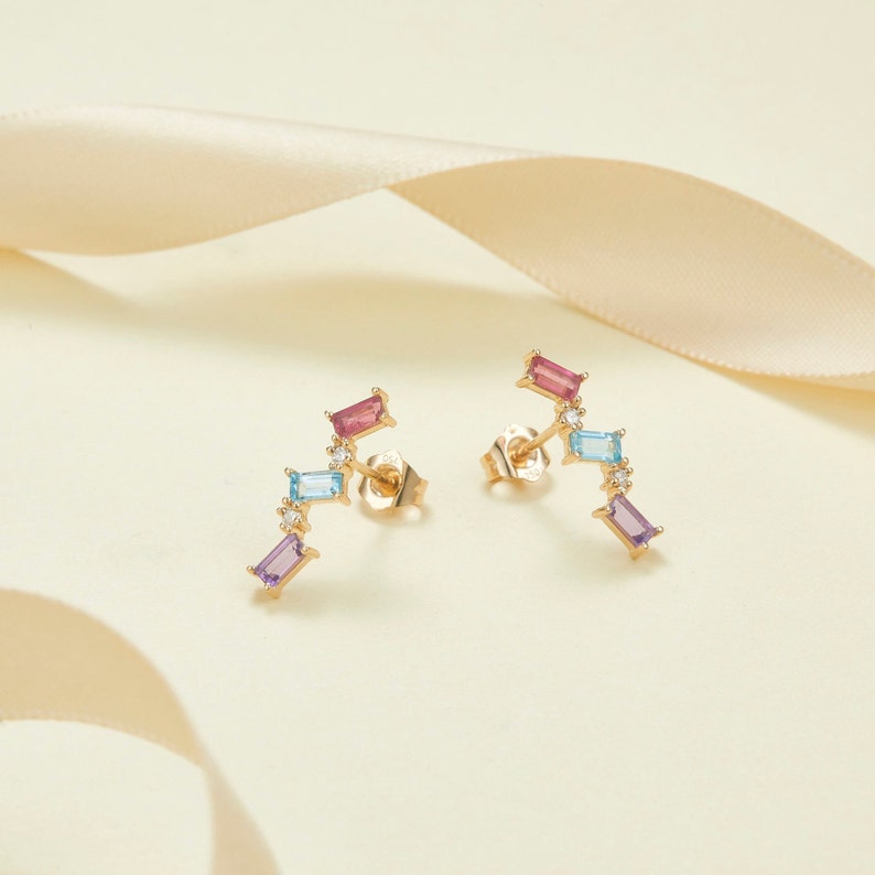 14k 18k Yellow Gold Colourful Tourmaline Diamond Stud Earring, Natural Gemstone Diamond Jewelry, Studs Custom Gift, Purplemay E022 image 8