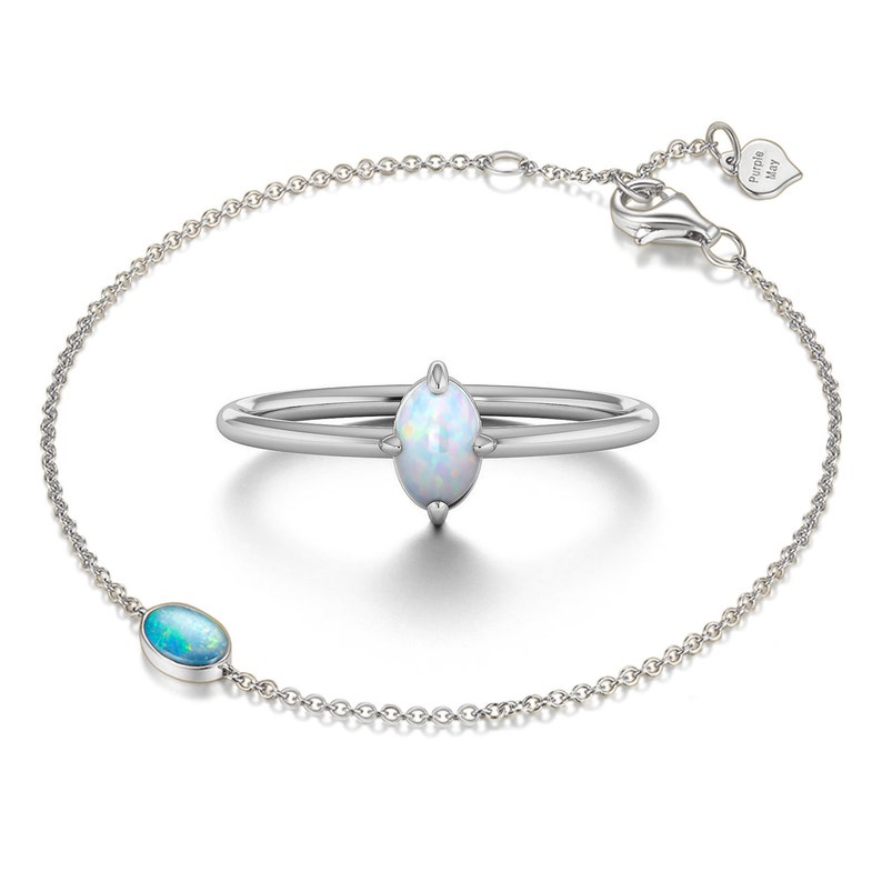14K 18K Solid Gold Australian Opal Ring and bracelet, Opal engagement ring Stacking Wedding Ring, gift set Purplemay-R025 B010 image 4