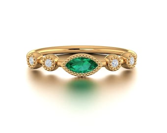 Vintage Marquise Emerald Ring In 14k 18k Solid Gold, Gemstone Rings, Personalized Ring,Birthstone Ring,Dainty Emerald Ring,Purplemay-R061