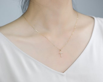 Cross Diamond Pendant Necklace, 14k 18k Rose Gold Necklace, Diamond Jewelry, Dainty Necklace, Custom Necklace, Purplemay P028