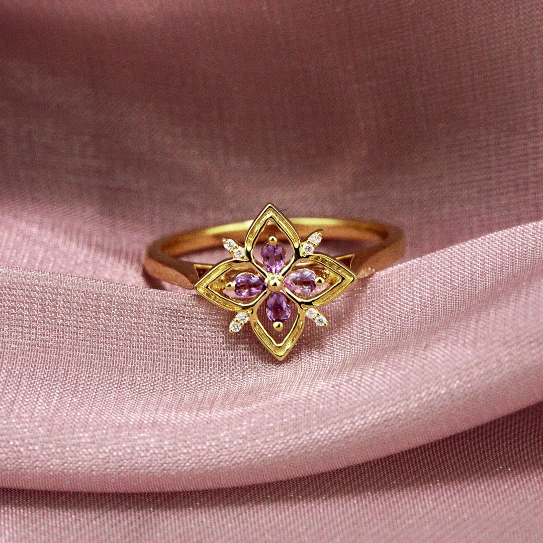 Retro Amethyst Ring - 14k Solid Gold Ring, Flower Ring, Diamond Ring ...