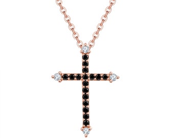 Cross Diamond Pendant Necklace, 14k 18k Rose Gold Necklace, Black Diamond Jewelry, Onyx Necklace, Custom Necklace, Purplemay P032