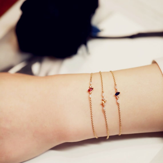 14k 18k Gold Diamond Bracelet, Sapphire Bracelet, Minimal Charm Bracelet, Dainty Gemstone Bracelet, Custom Gift, Purplemay B011
