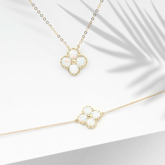 18K Yellow Gold Opal Bracelet and necklace, Australia Opal, Clover Bracelet, gift set, Opal Birthstone Bracelet, Purplemay B020 P017