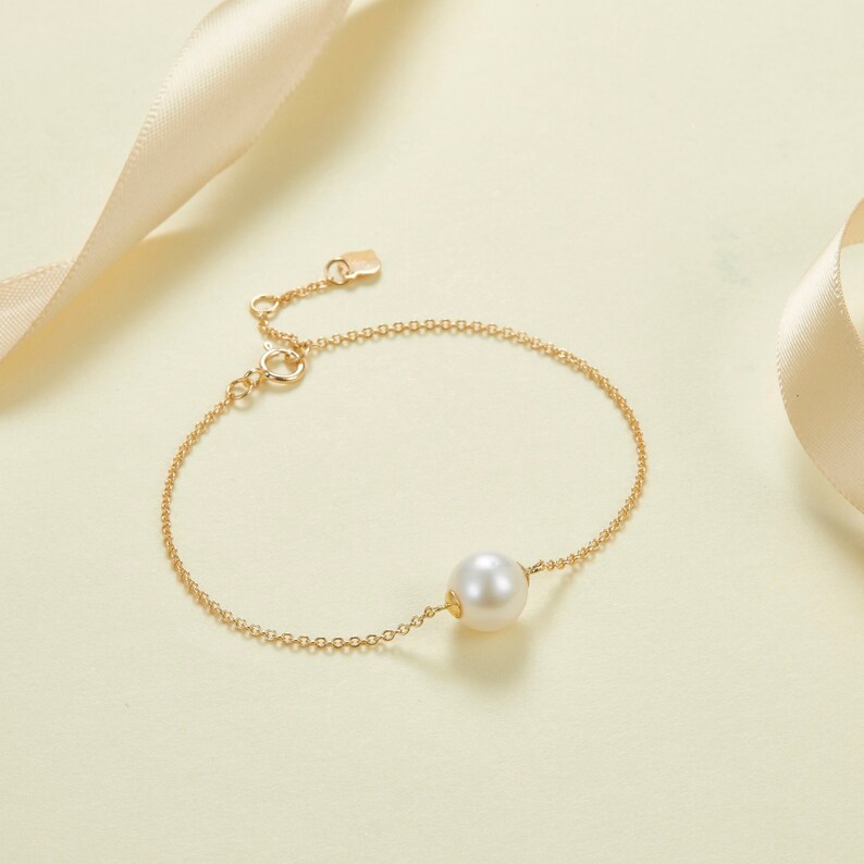 Rose Gold Round Akoya Pearl Bracelet, Dainty Gold Bracelet, 14k 18k Bracelet, Wedding Gift, Personalized Custom Gift Purplemay B009 image 8