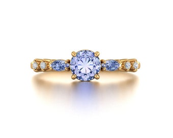 Blue Sapphire Diamond Cluster Ring in 14k 18k Solid Gold, Personalized Wedding Ring, Anniversary Gift Engagement Custom Ring,Purplemay-R084