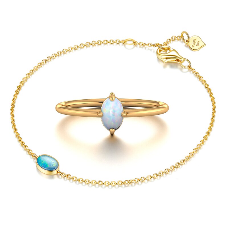14K 18K Solid Gold Australian Opal Ring and bracelet, Opal engagement ring Stacking Wedding Ring, gift set Purplemay-R025 B010 image 2